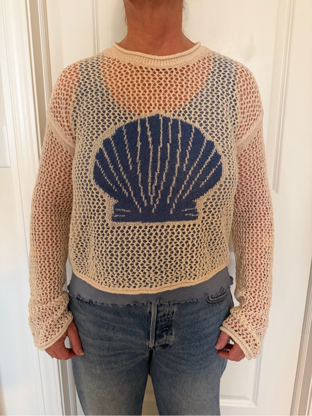 a new day Cream Open-Knit Sweater with Blue Shell Motif